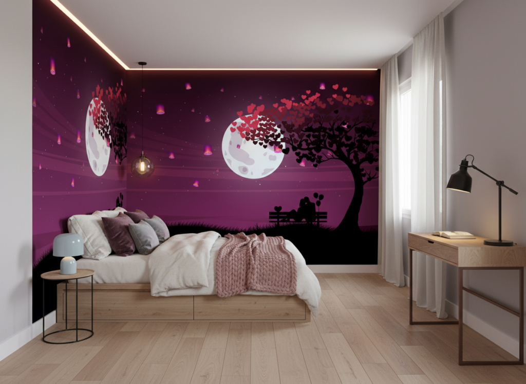Lune Romantique et Couple sous Arbre aux Coeurs Violets - Chambre ado