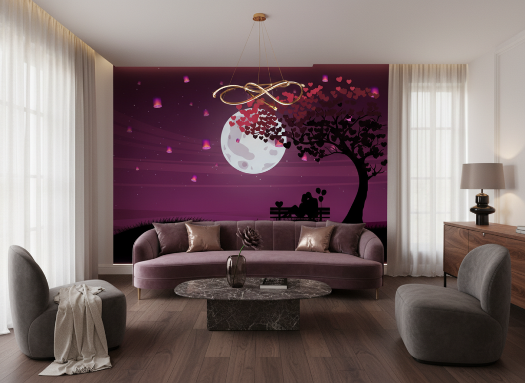 Lune Romantique et Couple sous Arbre aux Coeurs Violets - Salon / Séjour