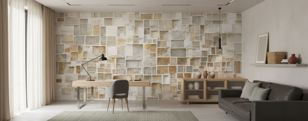 Papier peint 3D effet cubes géométriques texture pierre beige - Bureau