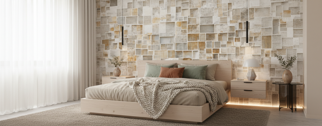 Papier peint 3D effet cubes géométriques texture pierre beige - Chambre adulte