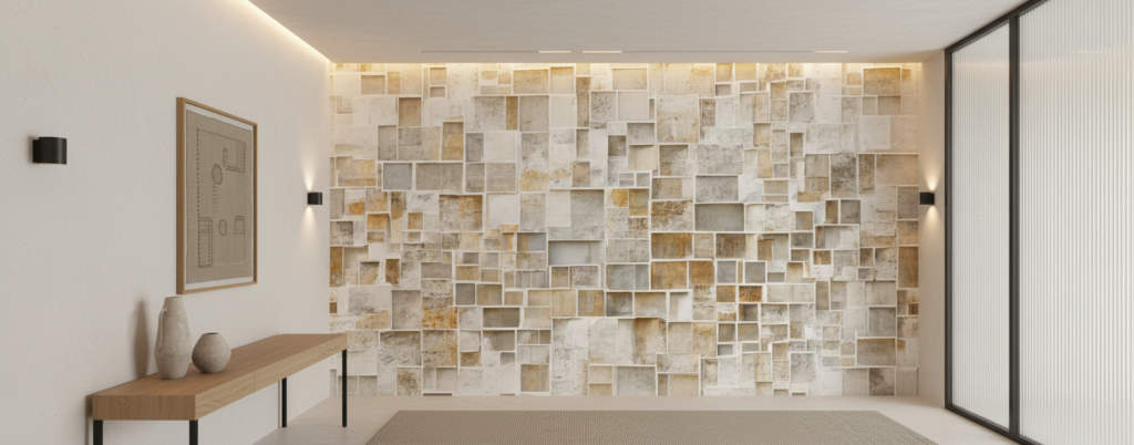 Papier peint 3D effet cubes géométriques texture pierre beige - Couloir