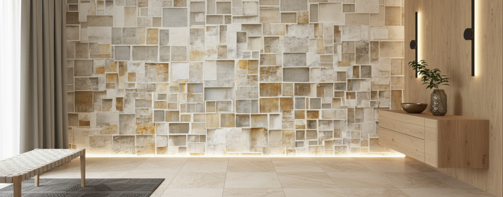 Papier peint 3D effet cubes géométriques texture pierre beige - Entrée