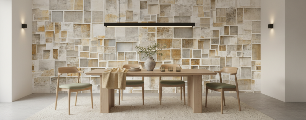 Papier peint 3D effet cubes géométriques texture pierre beige - Salle à manger