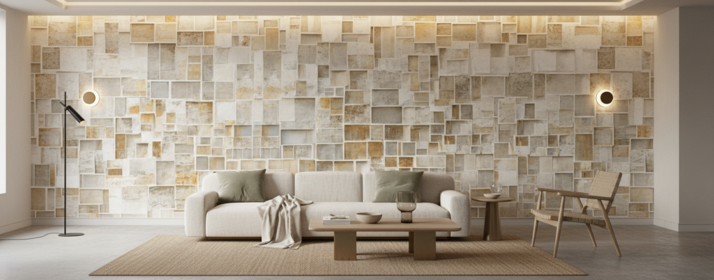 Papier peint 3D effet cubes géométriques texture pierre beige - Salon / Séjour