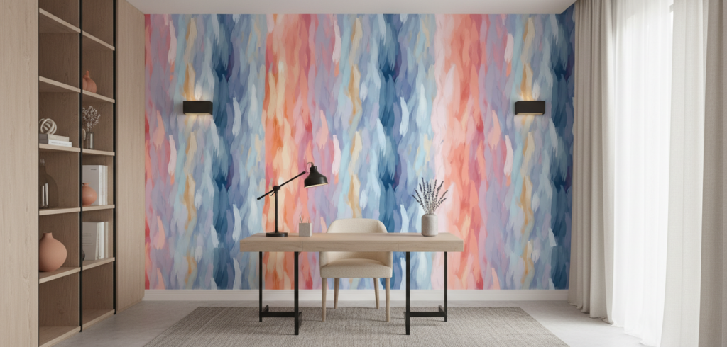 Papier peint abstrait aquarelle aux nuances corail et bleu océan - Bureau