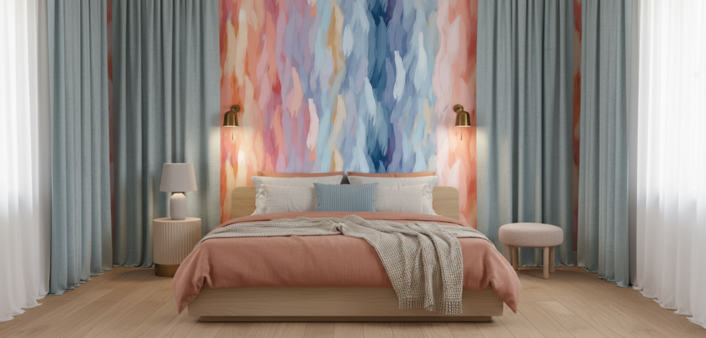 Papier peint abstrait aquarelle aux nuances corail et bleu océan - Chambre adulte