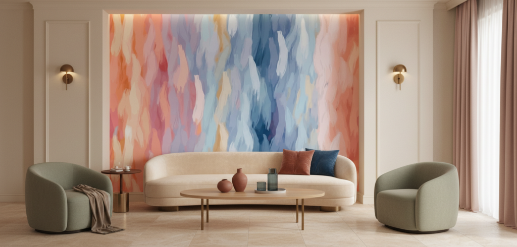 Papier peint abstrait aquarelle aux nuances corail et bleu océan - Hôtel