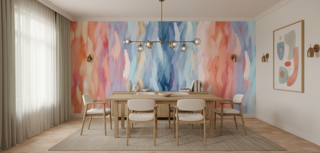 Papier peint abstrait aquarelle aux nuances corail et bleu océan - Salle à manger