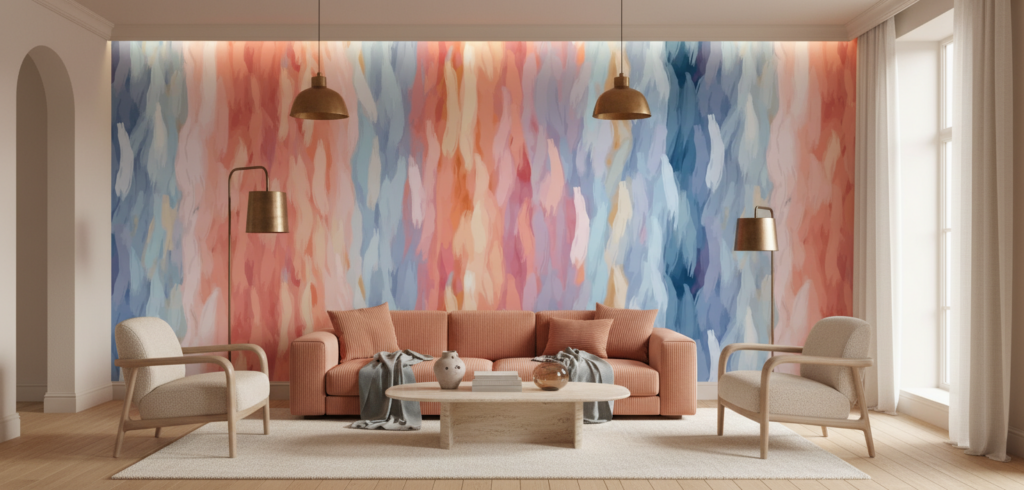 Papier peint abstrait aquarelle aux nuances corail et bleu océan - Salon / Séjour