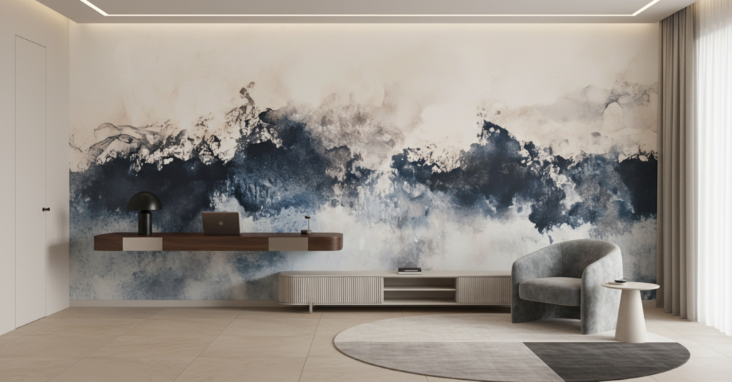 Papier Peint Abstrait Aquarelle Bleu et Beige Nuages - Bureau