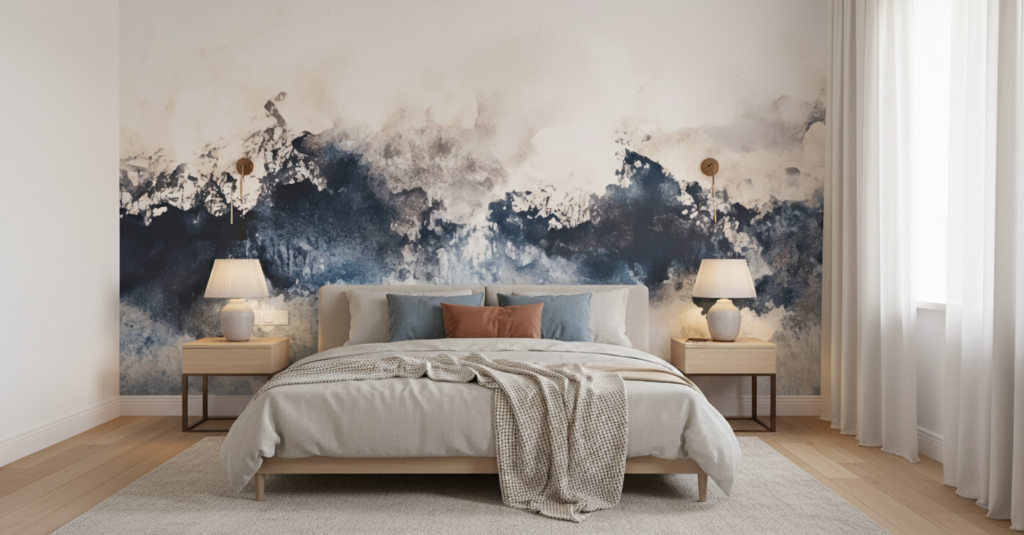 Papier Peint Abstrait Aquarelle Bleu et Beige Nuages - Chambre adulte