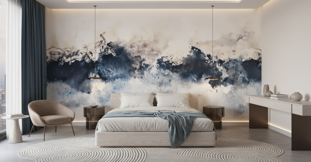 Papier Peint Abstrait Aquarelle Bleu et Beige Nuages - Hôtel