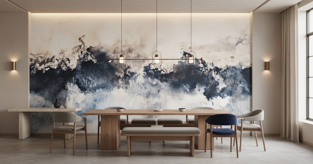 Papier Peint Abstrait Aquarelle Bleu et Beige Nuages - Restaurant