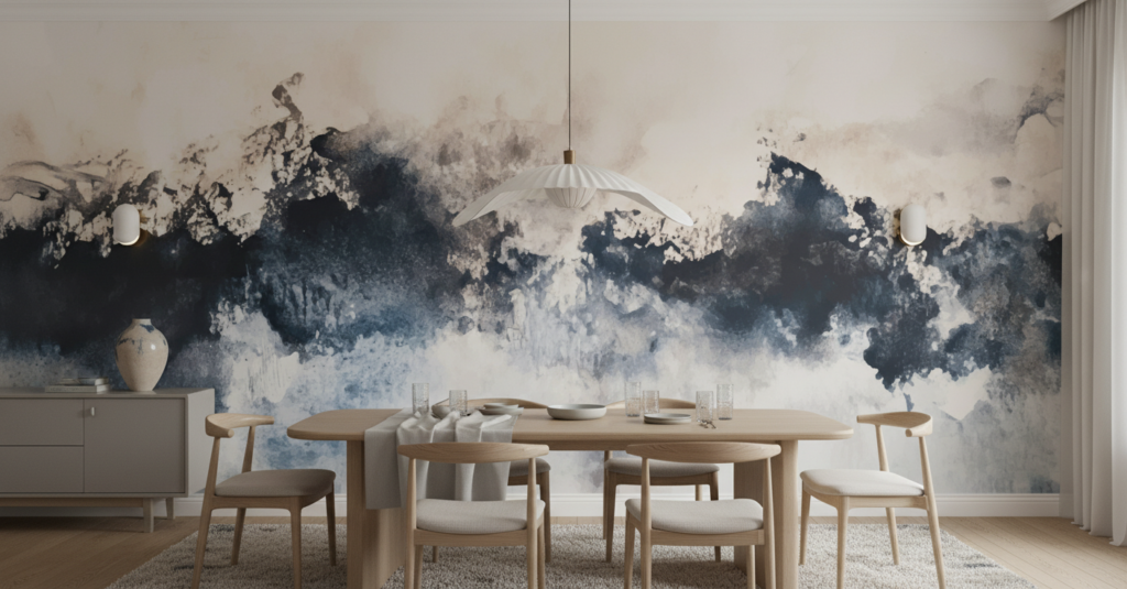 Papier Peint Abstrait Aquarelle Bleu et Beige Nuages - Salle à manger