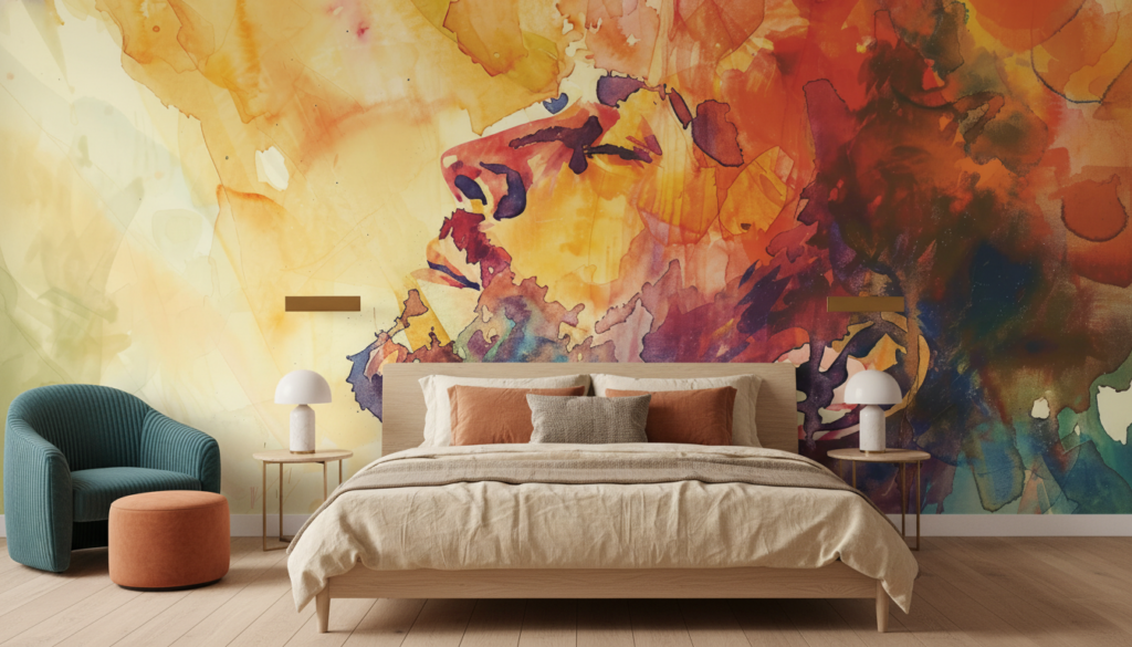 Papier Peint Abstrait Aquarelle Couleurs Chaudes Oranges Violettes - Chambre adulte