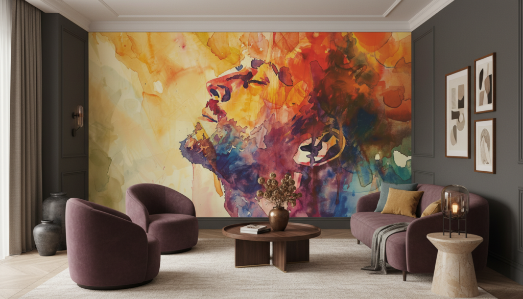 Papier Peint Abstrait Aquarelle Couleurs Chaudes Oranges Violettes - Hôtel