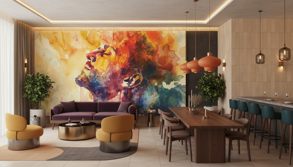 Papier Peint Abstrait Aquarelle Couleurs Chaudes Oranges Violettes - Restaurant