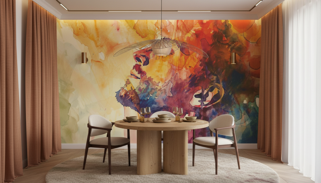 Papier Peint Abstrait Aquarelle Couleurs Chaudes Oranges Violettes - Salle à manger