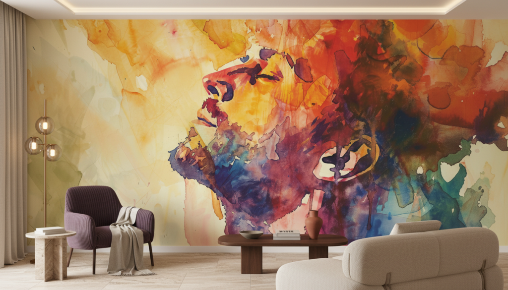 Papier Peint Abstrait Aquarelle Couleurs Chaudes Oranges Violettes - Salon / Séjour