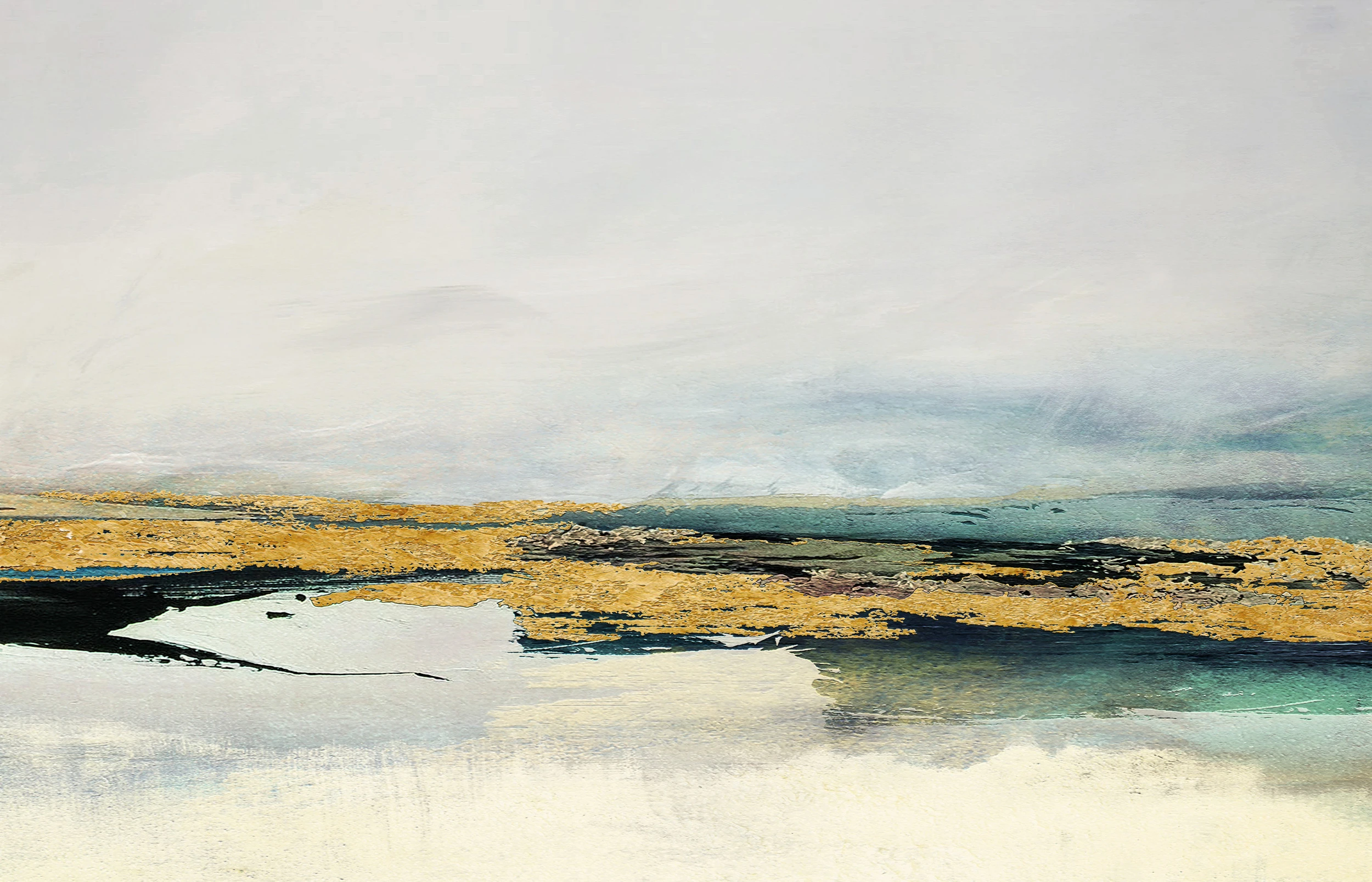 Papier peint abstrait aquarelle paysage turquoise et ocre minimaliste