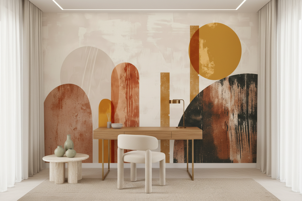 Papier peint abstrait aux formes géométriques terracotta et ocre - Bureau