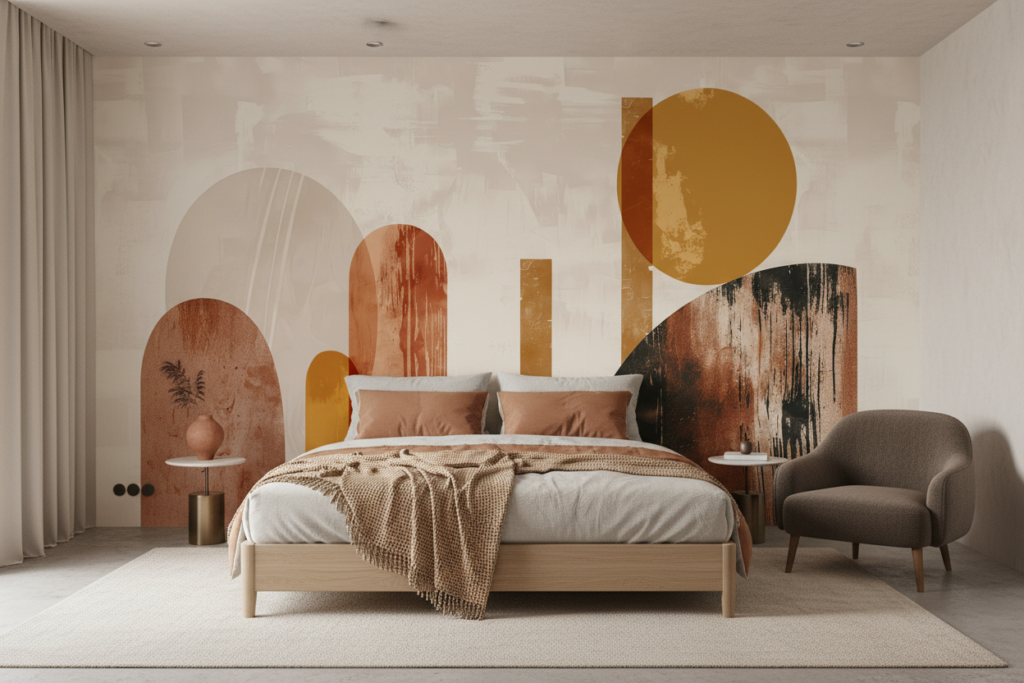 Papier peint abstrait aux formes géométriques terracotta et ocre - Chambre adulte