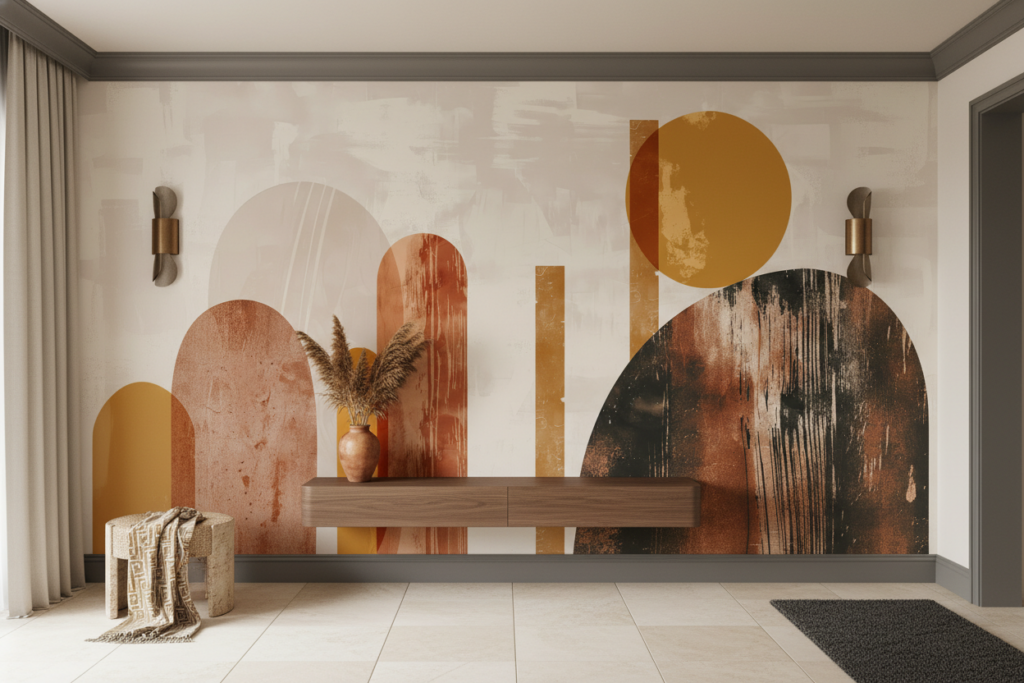 Papier peint abstrait aux formes géométriques terracotta et ocre - Entrée