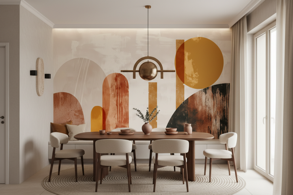 Papier peint abstrait aux formes géométriques terracotta et ocre - Salle à manger