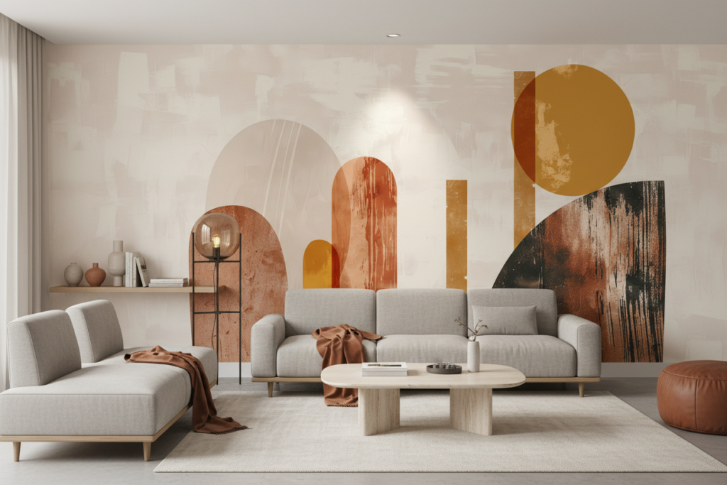 Papier peint abstrait aux formes géométriques terracotta et ocre - Salon / Séjour