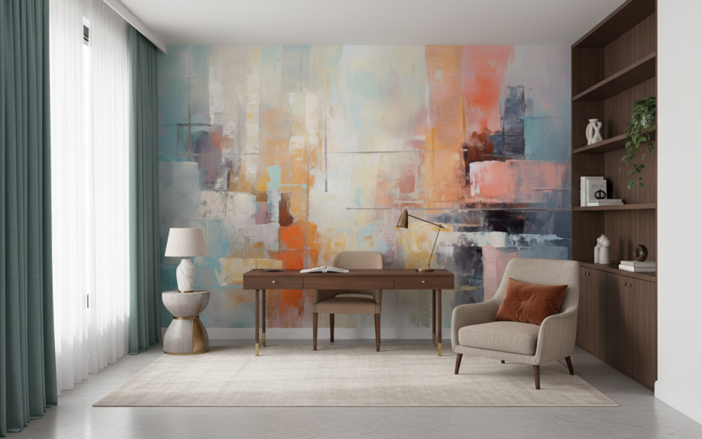 Papier peint abstrait aux nuances pastel et touches orangées vibrantes - Bureau