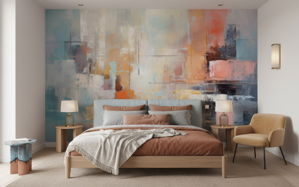 Papier peint abstrait aux nuances pastel et touches orangées vibrantes - Chambre adulte