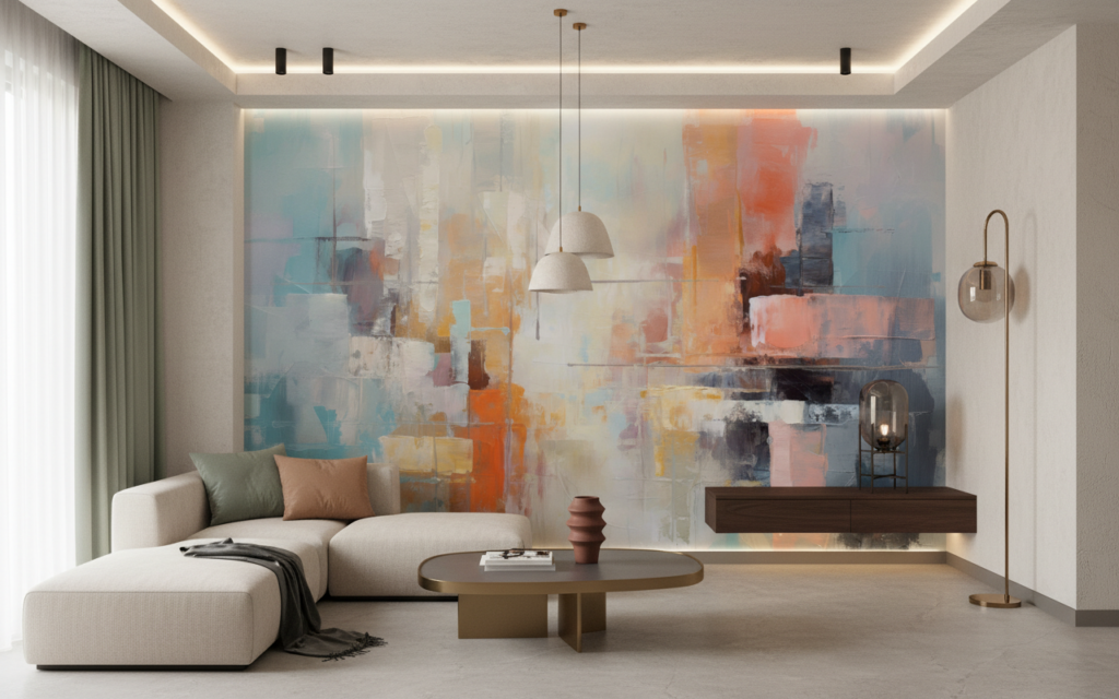 Papier peint abstrait aux nuances pastel et touches orangées vibrantes - Hôtel