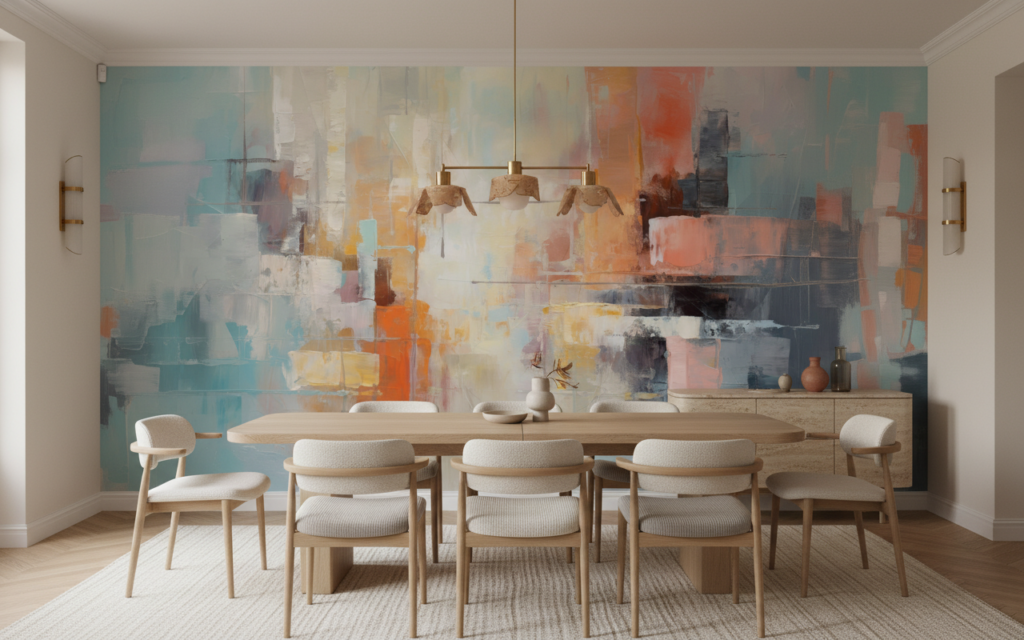 Papier peint abstrait aux nuances pastel et touches orangées vibrantes - Salle à manger