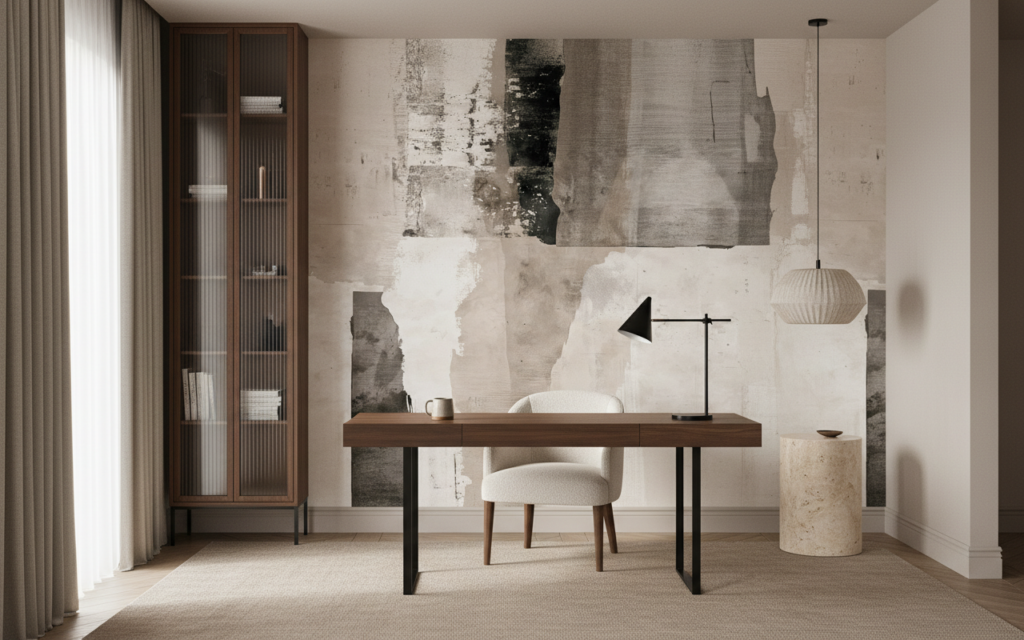 Papier peint abstrait beige et blanc effet aquarelle moderne - Bureau