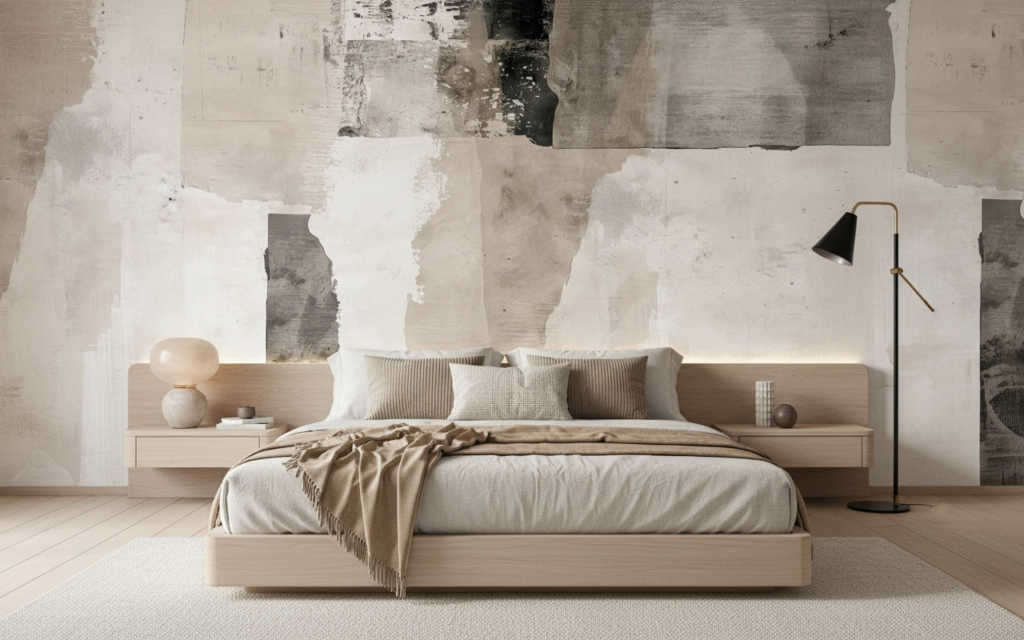 Papier peint abstrait beige et blanc effet aquarelle moderne - Chambre adulte