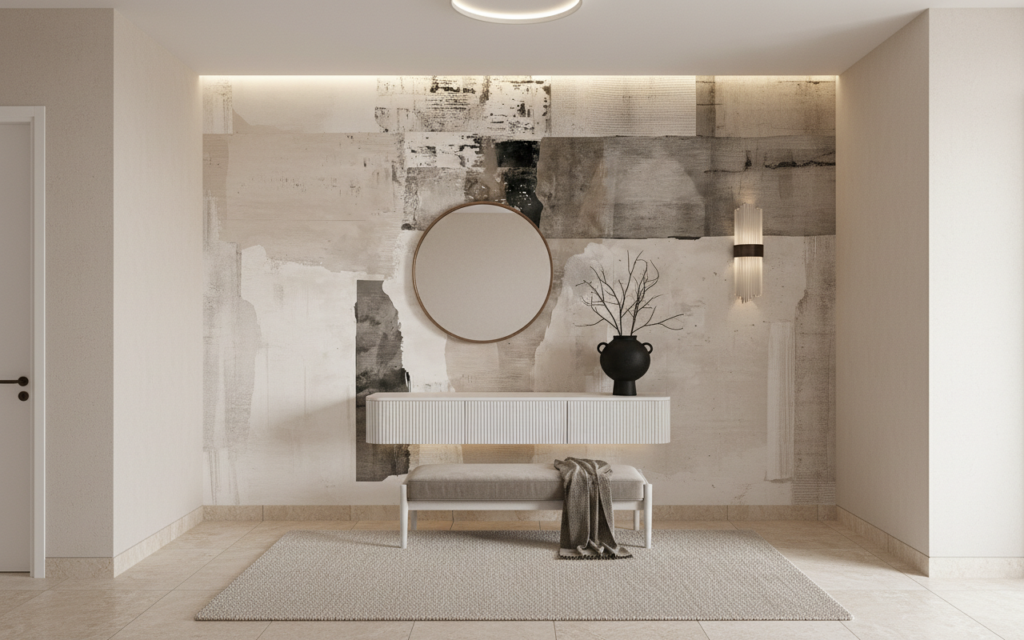 Papier peint abstrait beige et blanc effet aquarelle moderne - Entrée