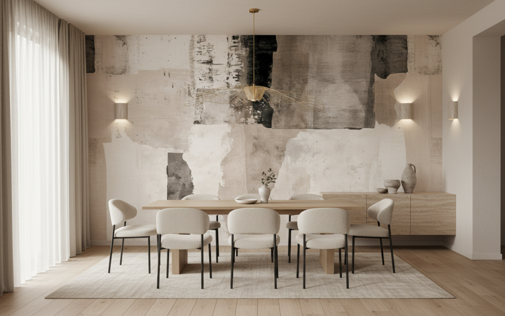 Papier peint abstrait beige et blanc effet aquarelle moderne - Salle à manger