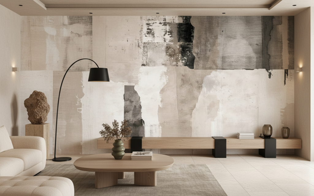 Papier peint abstrait beige et blanc effet aquarelle moderne - Salon / Séjour