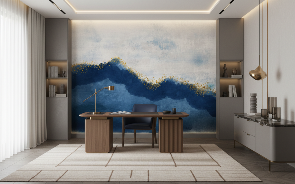 Papier peint abstrait bleu marine et or effet aquarelle - Bureau