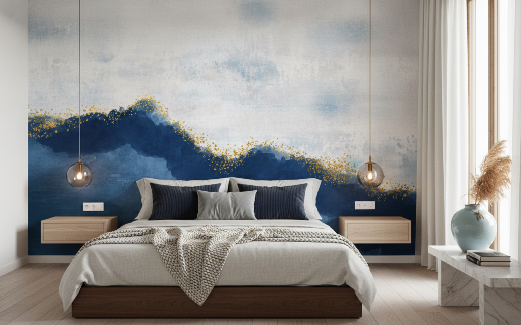 Papier peint abstrait bleu marine et or effet aquarelle - Chambre adulte