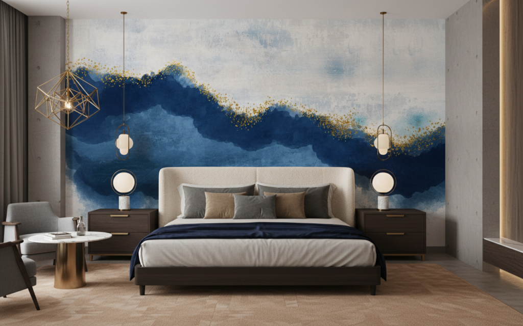 Papier peint abstrait bleu marine et or effet aquarelle - Hôtel