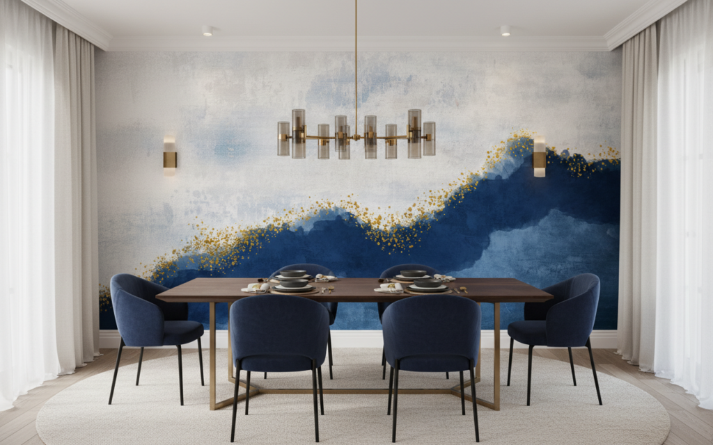 Papier peint abstrait bleu marine et or effet aquarelle - Salle à manger