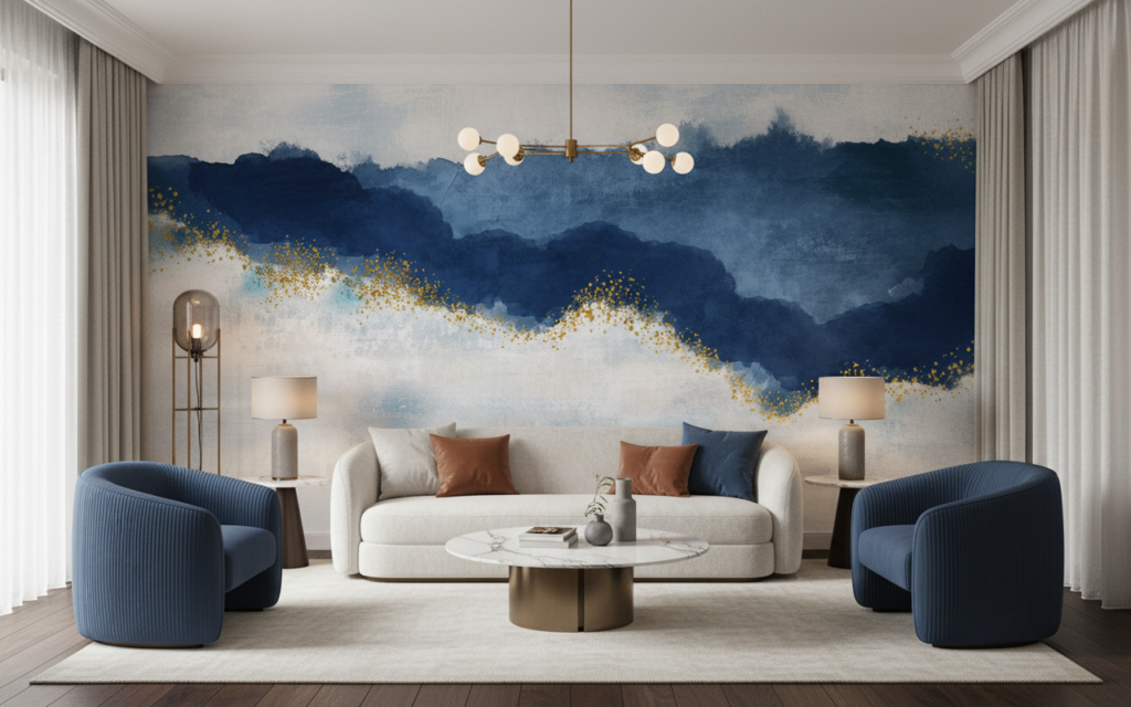 Papier peint abstrait bleu marine et or effet aquarelle - Salon / Séjour