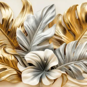 Papier peint feuilles tropicales métallisées or et argent luxueuses