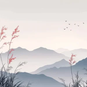 Papier Peint Paysage Montagneux avec Herbes Sauvages et Oiseaux Zen