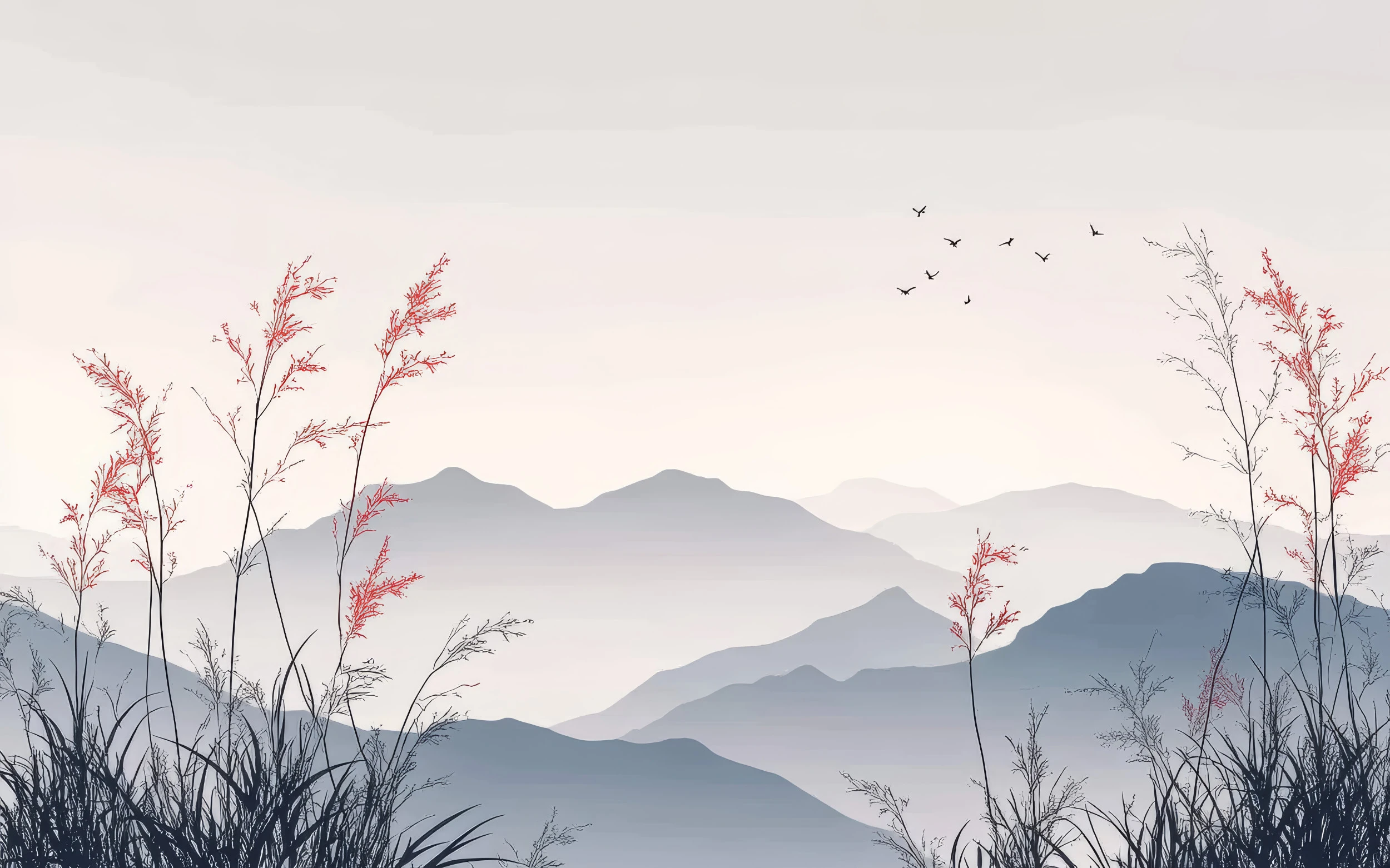 Papier Peint Paysage Montagneux avec Herbes Sauvages et Oiseaux Zen