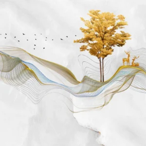 Papier peint abstrait doré avec arbre et cerfs silhouettes