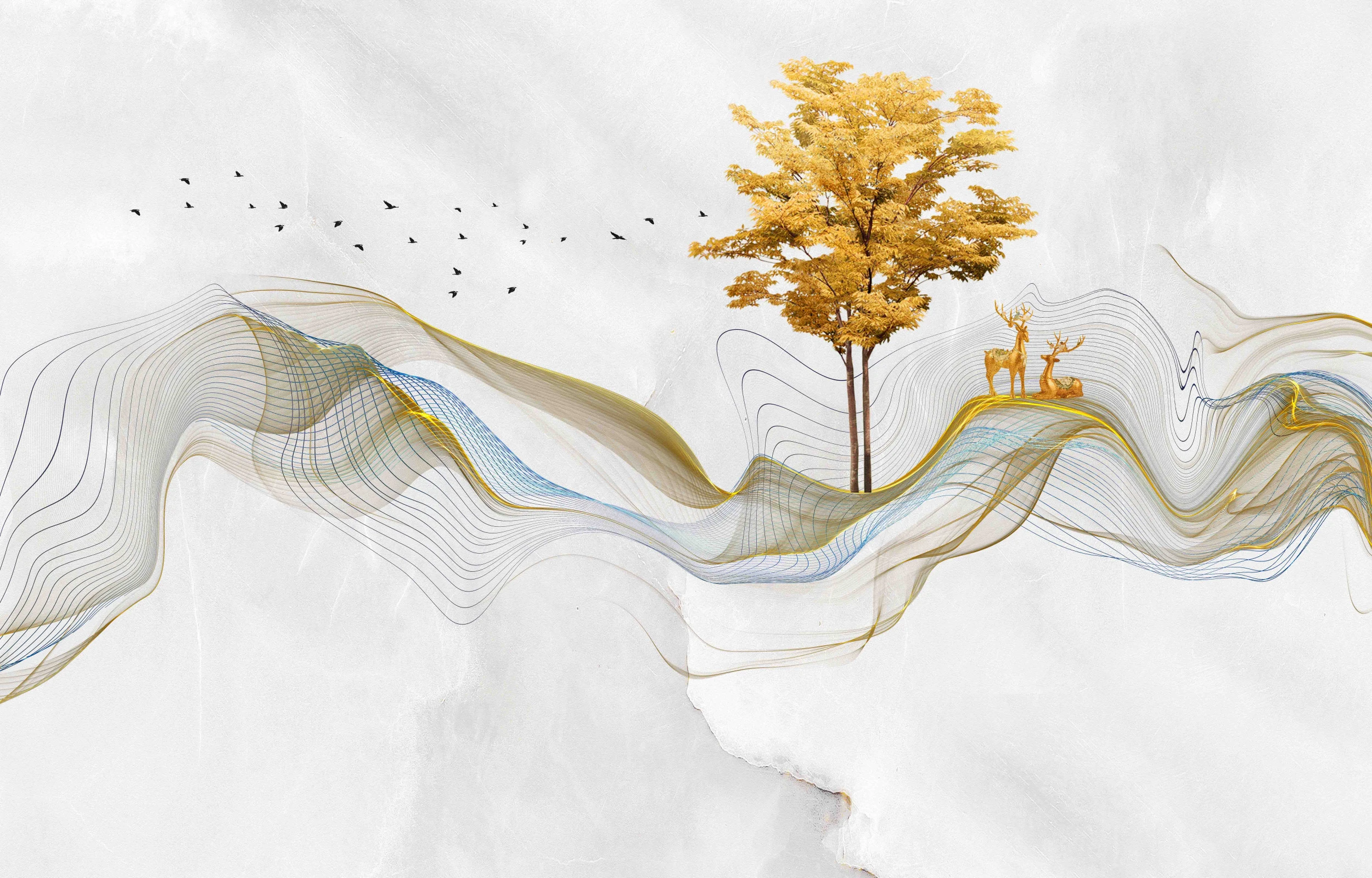 Papier peint abstrait doré avec arbre et cerfs silhouettes