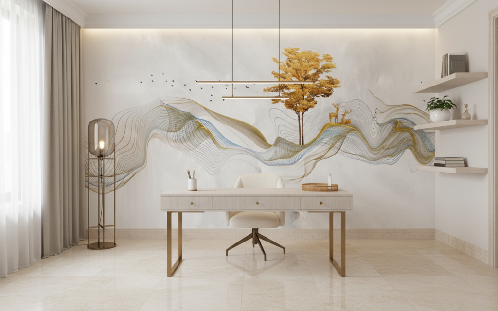 Papier peint abstrait doré avec arbre et cerfs silhouettes - Bureau