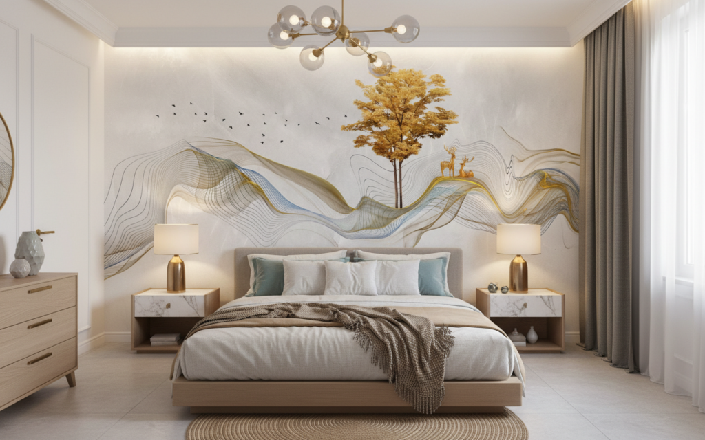 Papier peint abstrait doré avec arbre et cerfs silhouettes - Chambre adulte